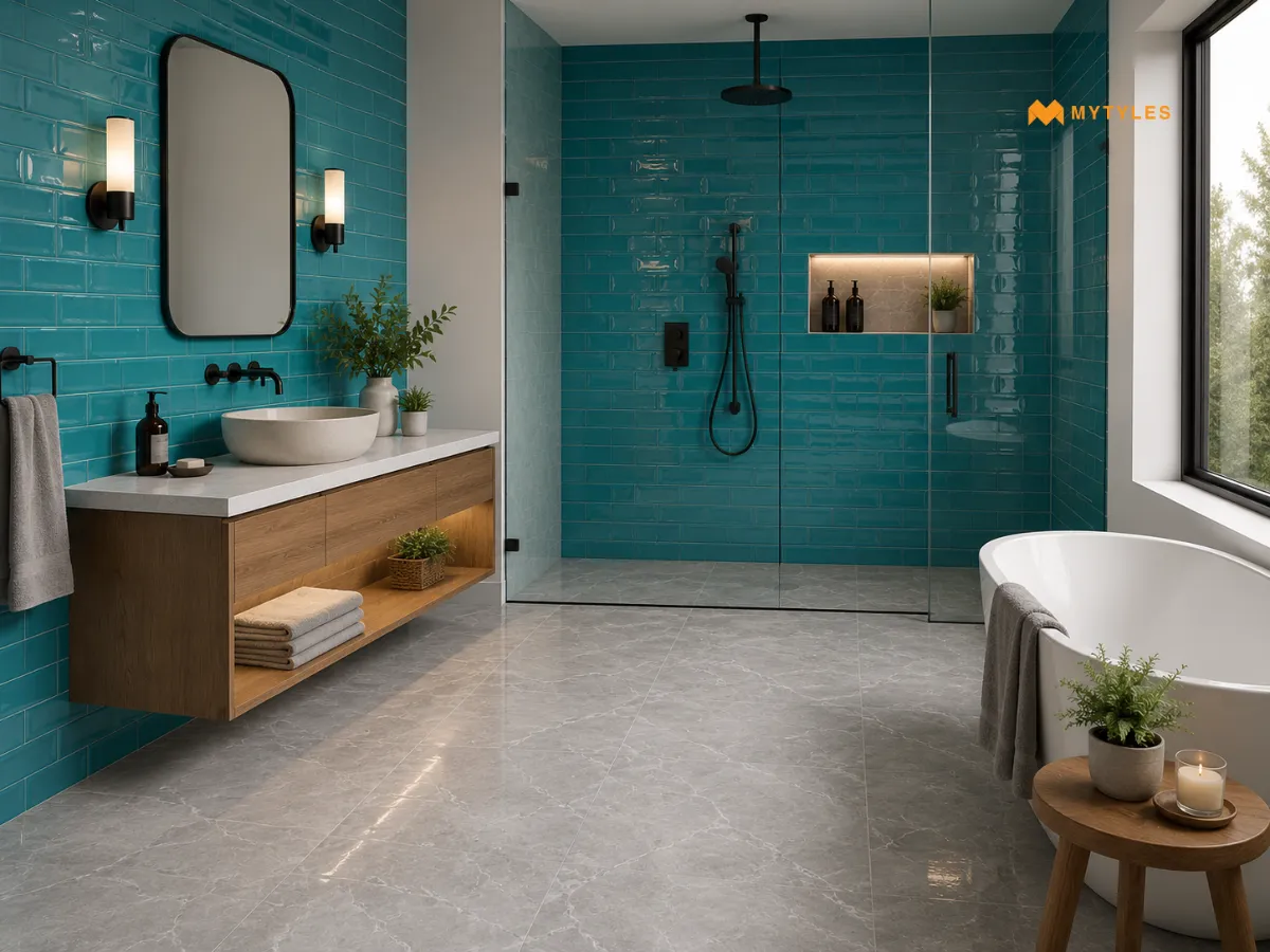 Blue Subway Tiles and Gray Marble Tiles in Bathroom